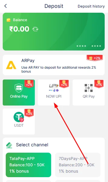 Select the deposit payment method.